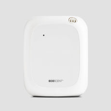 EcoScent Mini Pro Commercial Scent Machine in white, designed for spaces up to 300m³, featuring a simple rectangular design and an adjustable fragrance nozzle. This model is marked as discontinued.