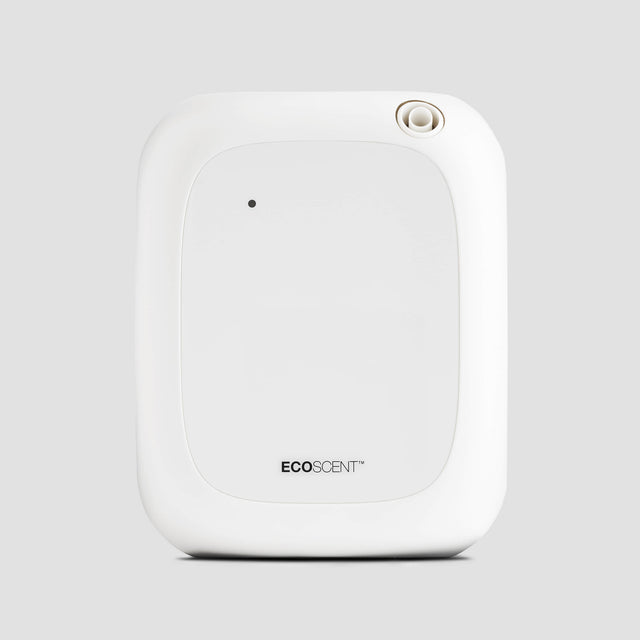 EcoScent Mini Pro Commercial Scent Machine in white, designed for spaces up to 300m³, featuring a simple rectangular design and an adjustable fragrance nozzle. This model is marked as discontinued.