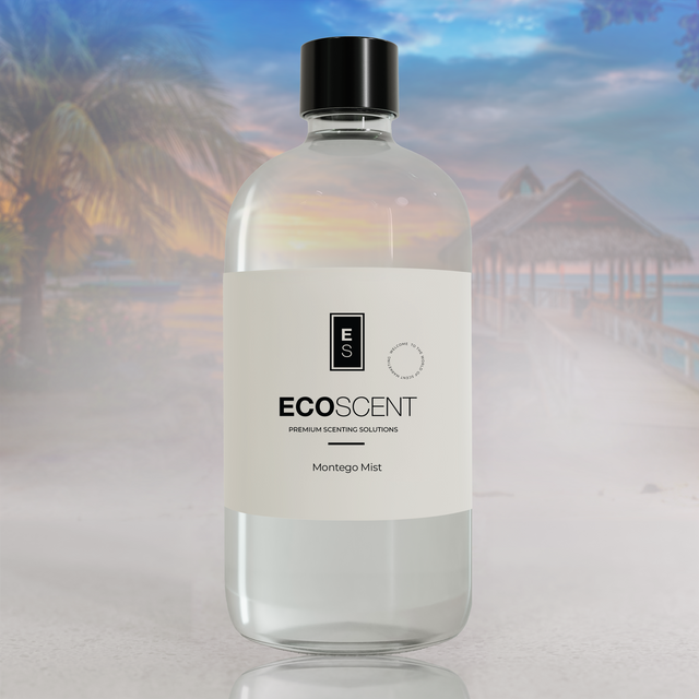 Bottle of Ecoscent product with a blurred beach background