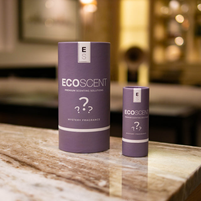 Two grey Ecoscent products on a wooden surface with a blurred indoor background