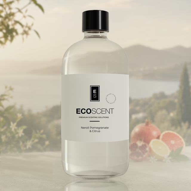 ecoscent neroli, pomegranate & citrus fragrance oil bottle with background 