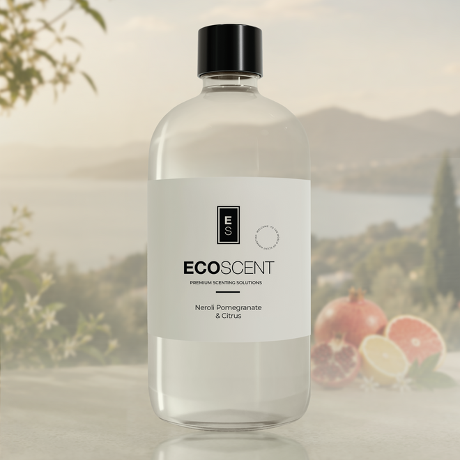 ecoscent neroli, pomegranate & citrus fragrance oil bottle with background 