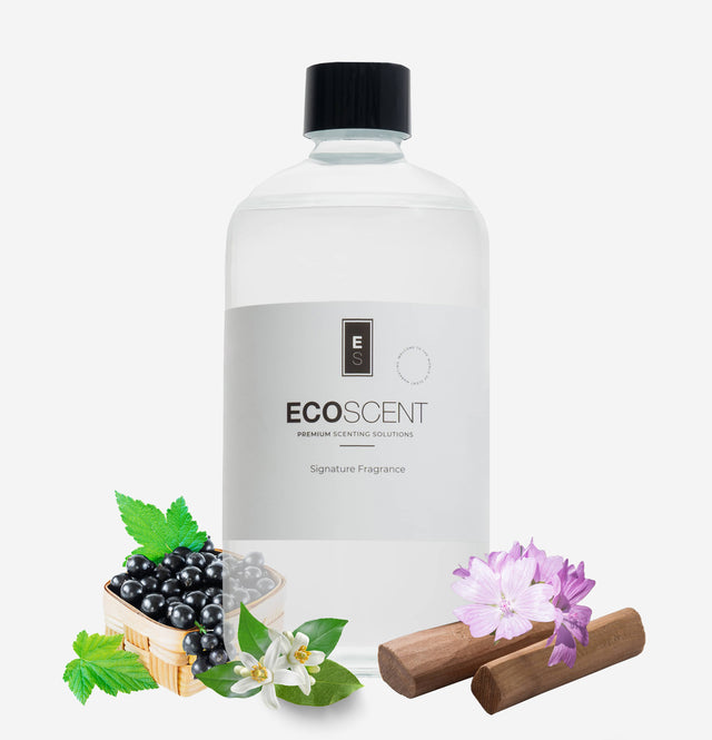 ecoscent-shop Neroli & Sandalwood Fragrance Oil in a clear bottle, featuring a black lid. The product is displayed with accompanying images of mint leaves, blackcurrants, and sandalwood pieces.