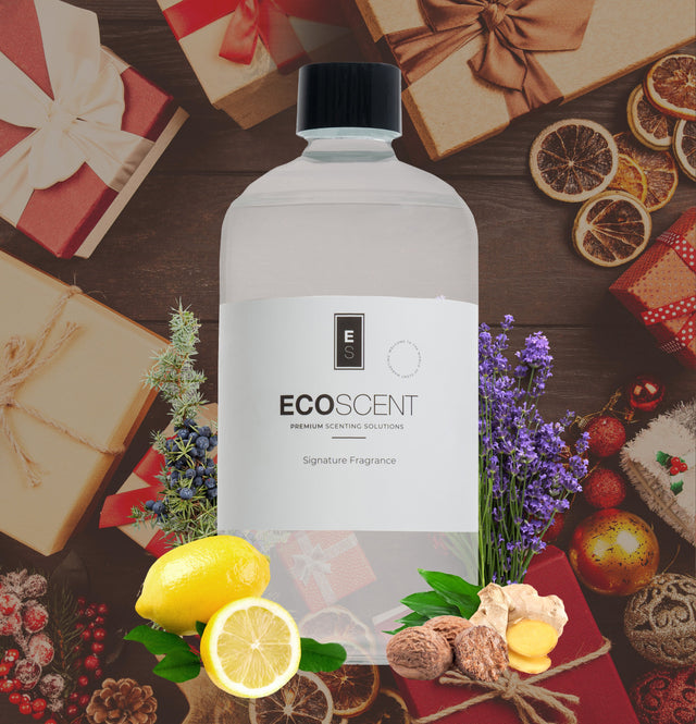 ecoscent-shop Nutmeg & Ginger Fragrance Oil in a clear plastic bottle with a black cap, placed against a festive background of gift boxes and seasonal decorations.