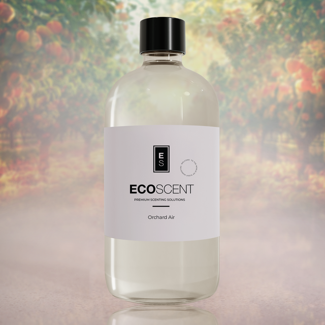 Bottle of Ecoscent Orchard Air fragrance solution with a colorful blurred background