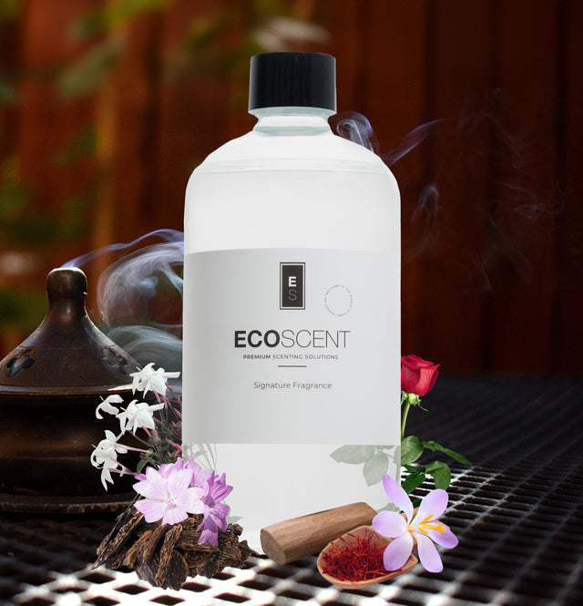 ecoscent-shop Oudh Legacy Fragrance Oil featuring a blend of oudh, rose, and vanilla scents, presented in a clear bottle with a black cap. Surrounding elements include flowers and cinnamon sticks.