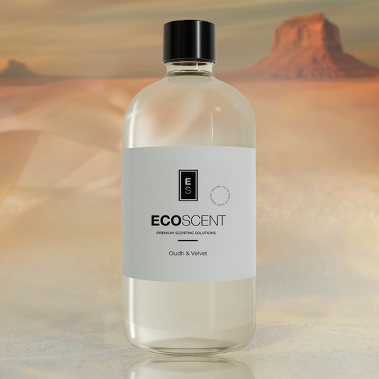 Bottle of Ecoscent product with a desert landscape in the background