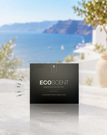 A black EcoScent premium scenting solution box stands on a light stone surface with a blurred coastal scene in the background. Several small white sample cards are fanned out to the left, and the brand name is clearly printed on the front.