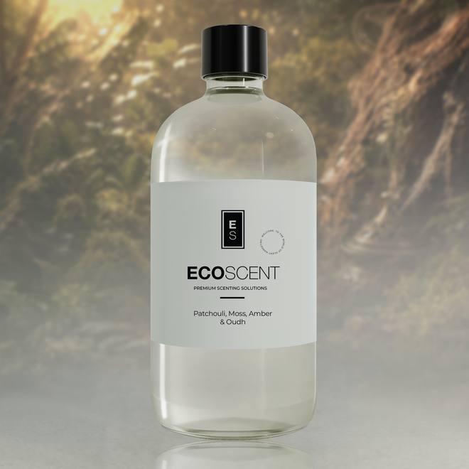 Ecoscent-shop Patchouli, Moss, Amber & Oudh Fragrance Oil in a clear glass bottle with a black cap, featuring a minimalist label displaying the scent name and brand.