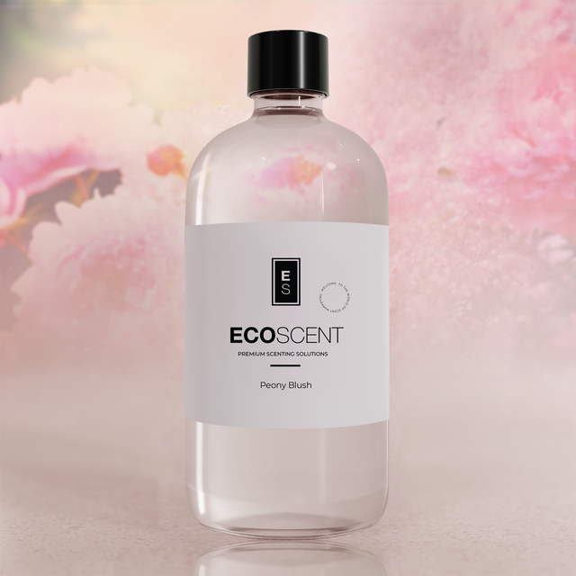 Bottle of Ecoscent fragrance oil with a soft floral background