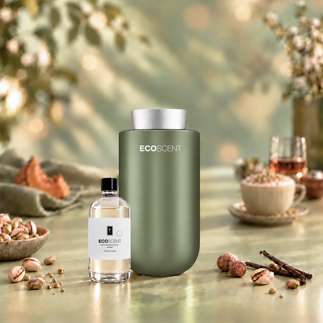 EcoScent Autumn Cosy Set features a matte olive green cylindrical diffuser with a silver top and a clear glass fragrance bottle with a black cap, arranged on a softly lit table with nuts and a cup in the background.