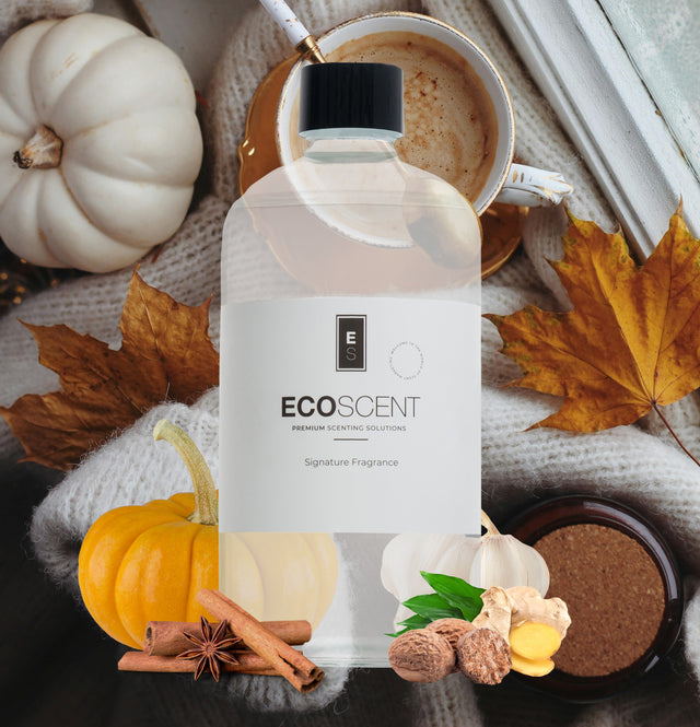 ecoscent-shop Pumpkin Spice Fragrance Oil featuring notes of pumpkin, cinnamon, and nutmeg, presented in a clear bottle with a black cap, surrounded by decorative elements like pumpkins, spices, and autumn leaves.