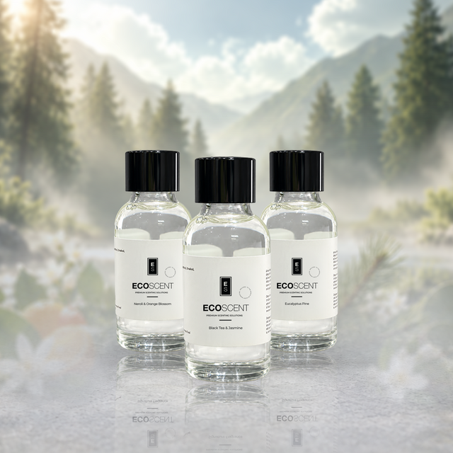 Three small clear glass bottles of EcoScent Evocative Pine scent with black caps and white labels, arranged on a reflective surface against a blurred forest background.