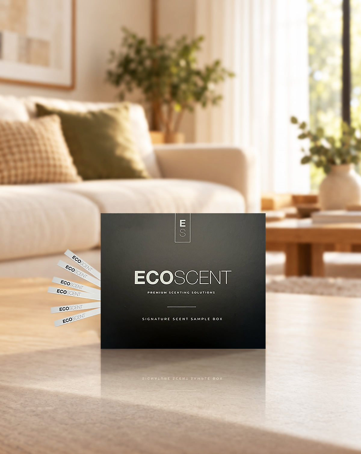 A black EcoScent premium scenting solution sample box standing on a light stone surface in a softly blurred living room setting. Several white sample strips are fanned out to the left, and the background shows a sofa, pillows, plants, and a window.