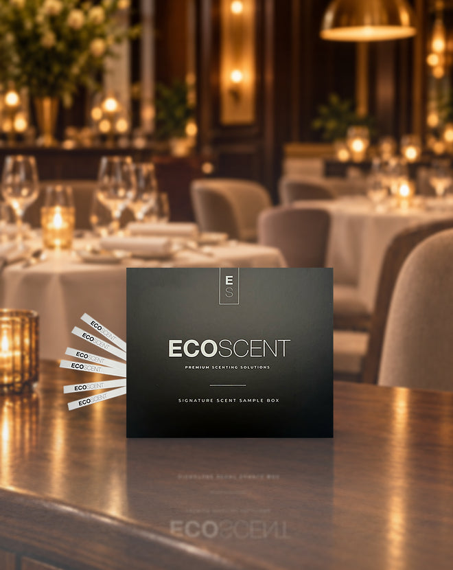 EcoScent Restaurant Signature Scent Sample Box with fragrance testing strips in an elegant candlelit restaurant.