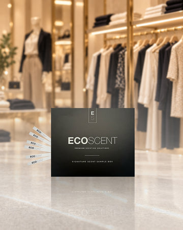 A black EcoScent premium scenting sample box with several white scent sample cards fanned out to the left, set against a blurred boutique interior with clothing racks.