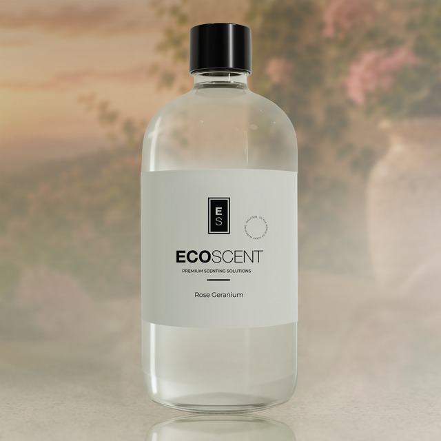 Bottle of Ecoscent product with a blurred floral background