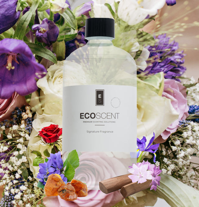 ecoscent-shop Rose Bloom Fragrance Oil featuring a blend of rose, violet, and musk, presented in a clear bottle with a black cap, surrounded by colorful flowers.