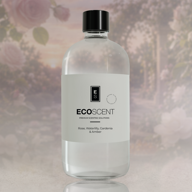 Clear bottle with black cap labeled 'ECOSCENT' on a blurred floral background