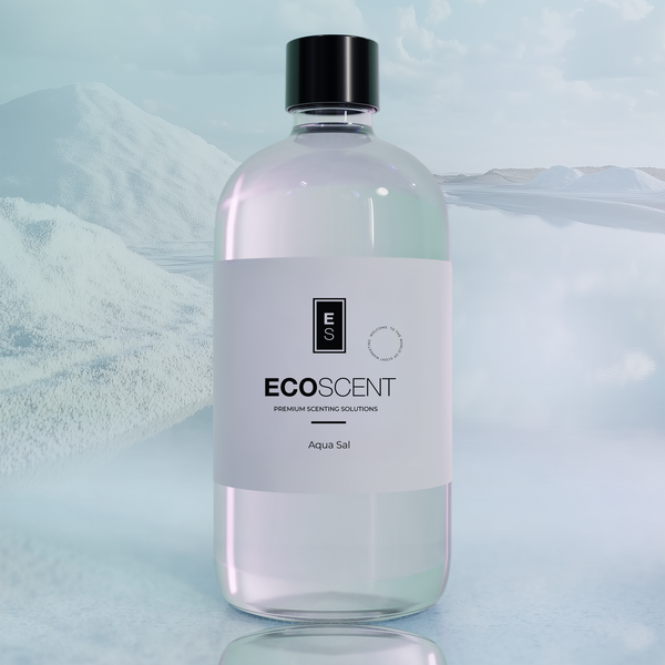 Clear bottle with black cap and white label featuring 'ECOSENT' on a light blue background.