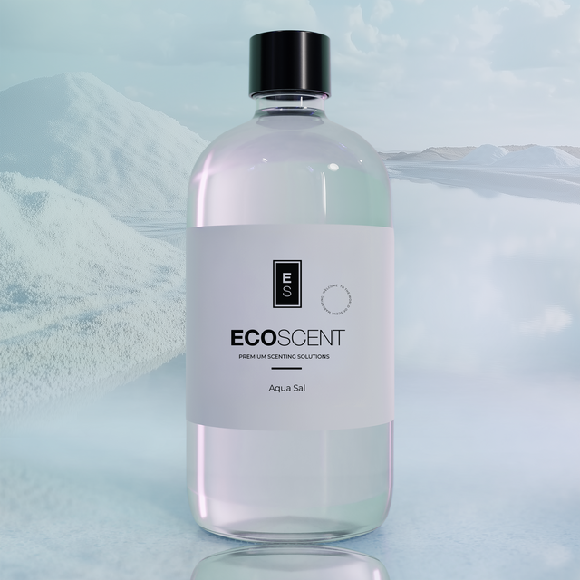 Clear bottle with black cap and white label featuring 'ECOSENT' on a light blue background.