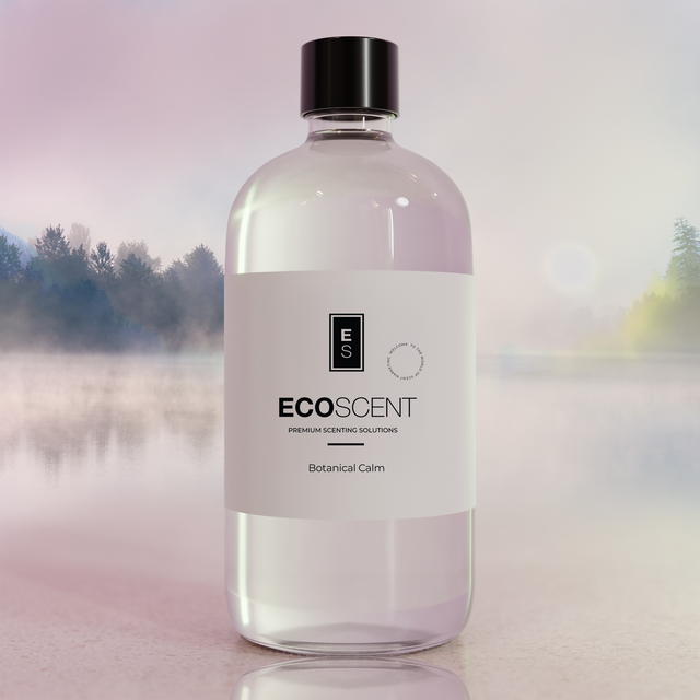 Bottle of Ecoscent product with a blurred natural background