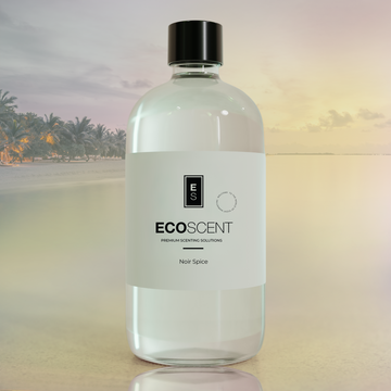 Bottle of Ecoscent product with a blurred background of palm trees and water.