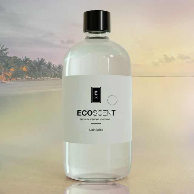 Bottle of Ecoscent product with a blurred background of palm trees and water.