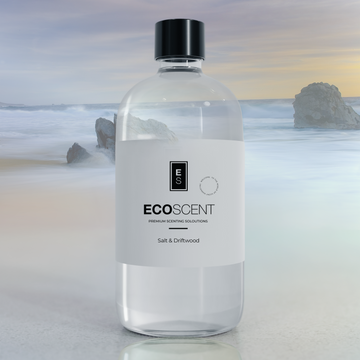Clear bottle with black cap labeled 'EcoScent' on a beach background