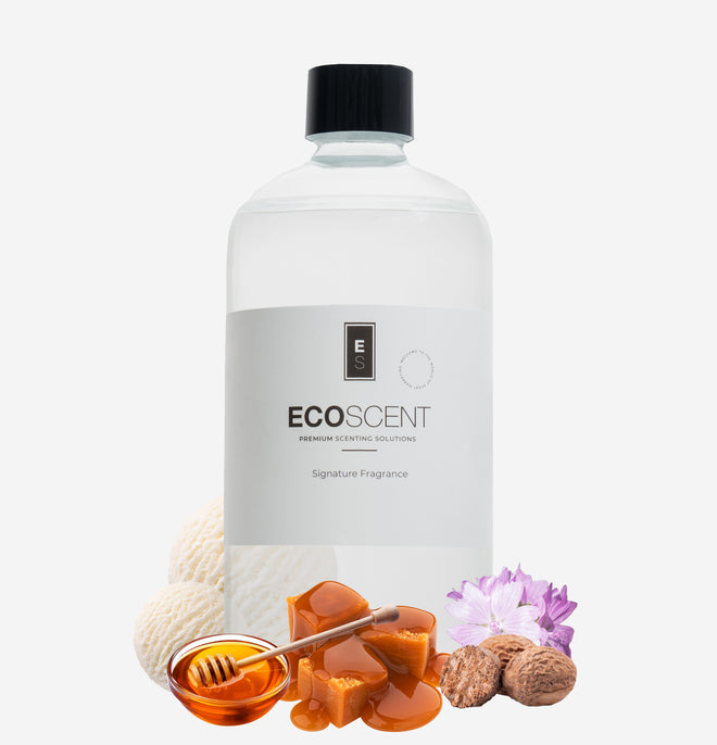 Ecoscent-shop Salted Caramel Fragrance Oil featuring a blend of caramel, vanilla, and amber scents. The transparent bottle showcases the liquid alongside honey, caramel pieces, and floral elements.