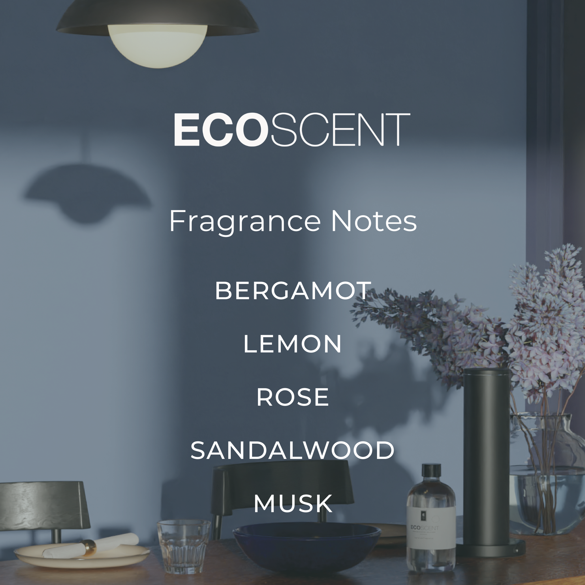 EcoScent fragrance notes displayed in a modern interior setting