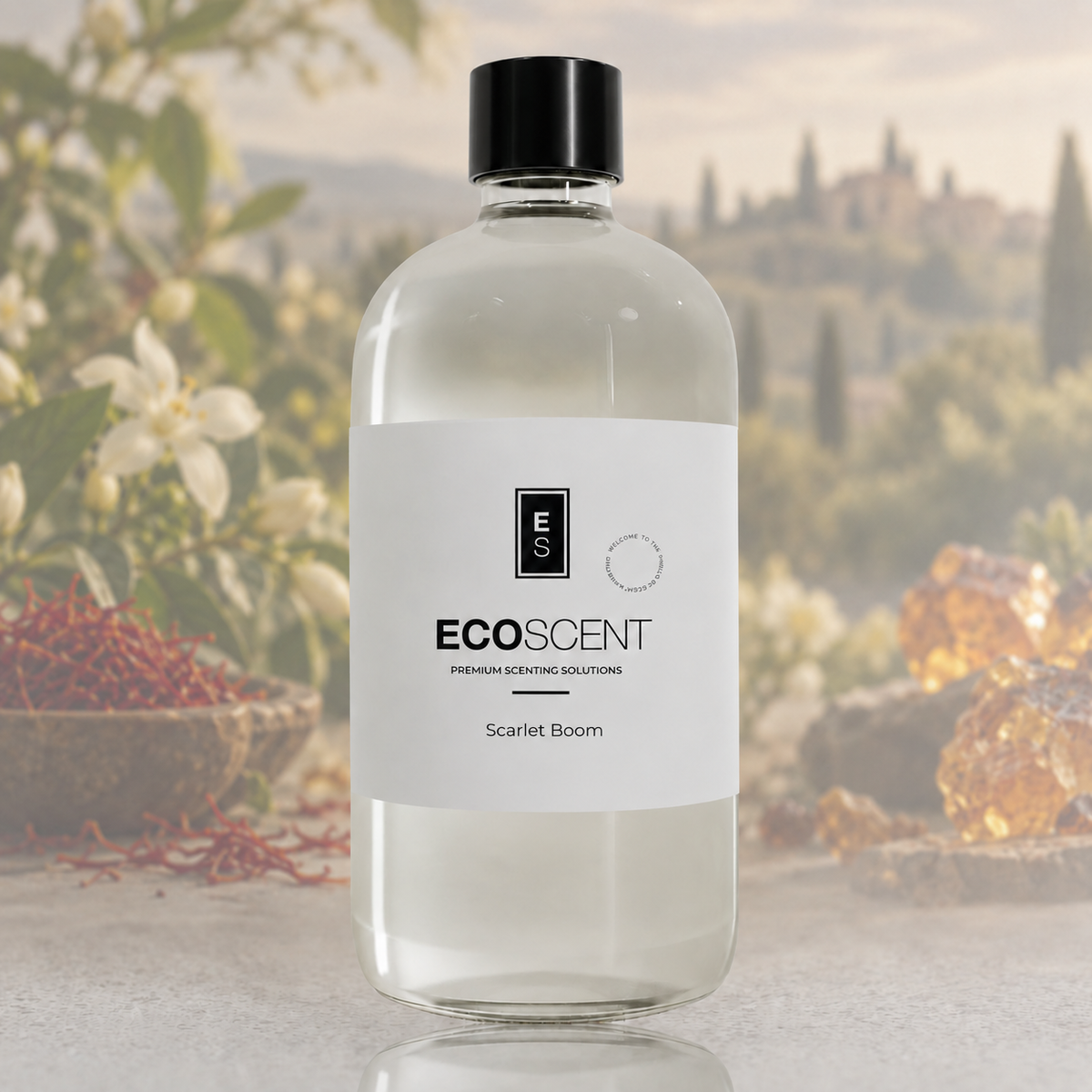 EcoScent Scarlet Boom fragrance oil bottle in clear glass with a black cap and white label, shown with saffron flowers in the background.
