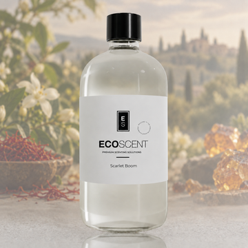 EcoScent Scarlet Boom fragrance oil bottle in clear glass with a black cap and white label, shown with saffron flowers in the background.