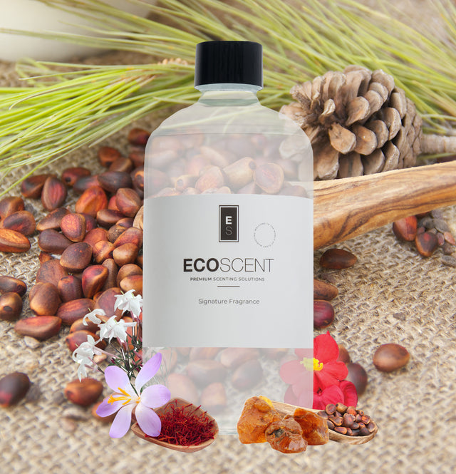 ecoscent-shop Scarlet Boom Fragrance Oil featuring scents of saffron, jasmine, and amber, in a clear bottle with a black cap. The background includes various aromatic ingredients like pine cones and spices.