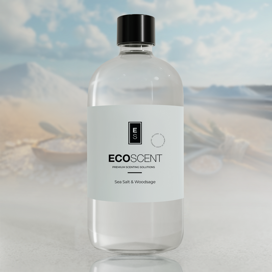 Clear bottle with black cap and white label featuring 'ECOSCENT' on a blurred natural background