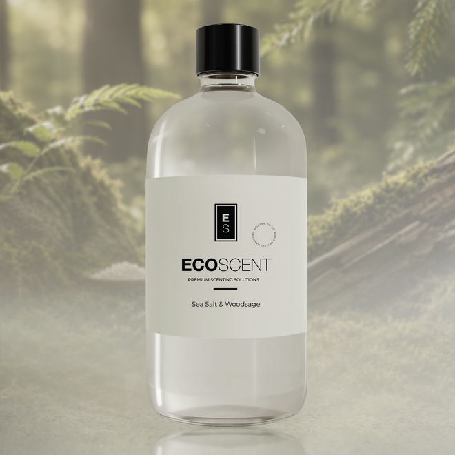 Clear bottle with black cap and white label featuring 'ECOSCENT' on a blurred natural background
