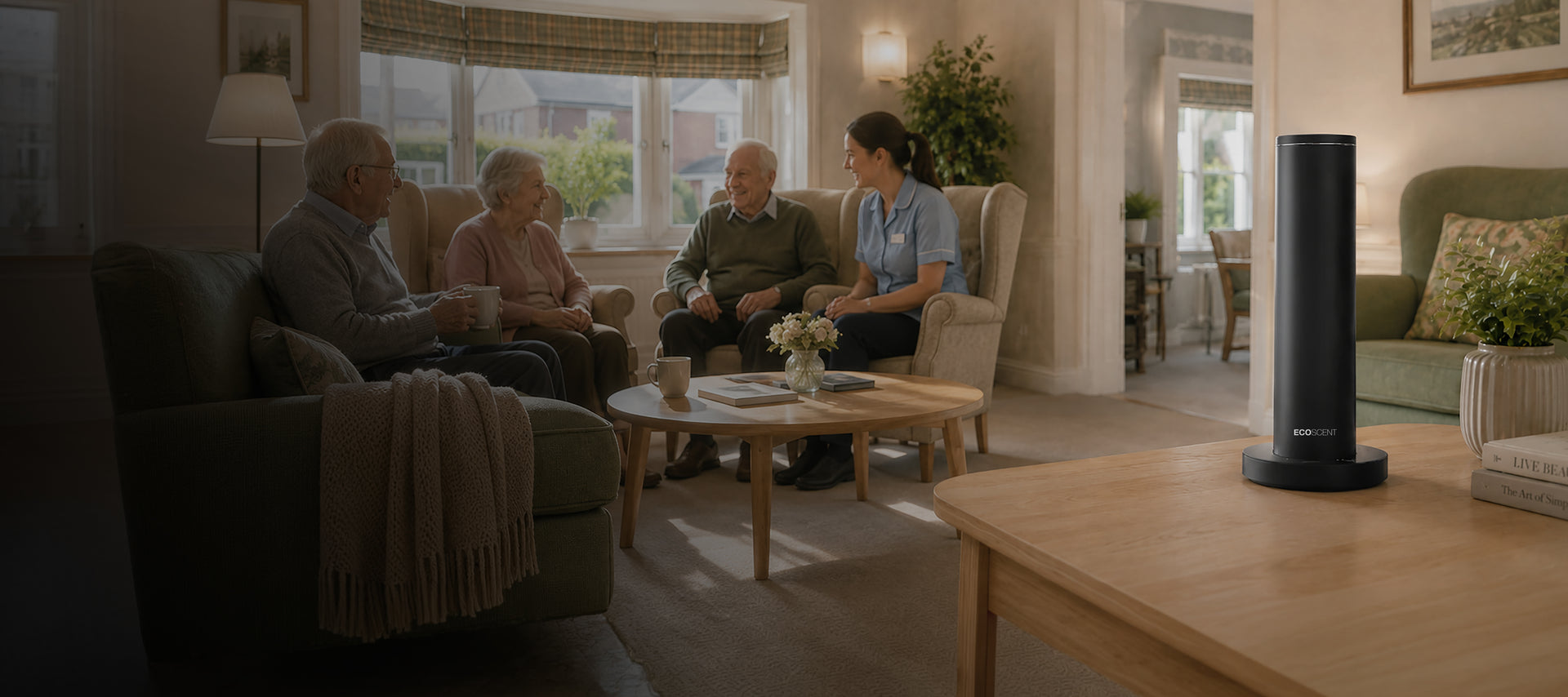 Elderly people sitting in living room with a scent machine on the table, enjoying conversation and each other's company in comfortable home setting.