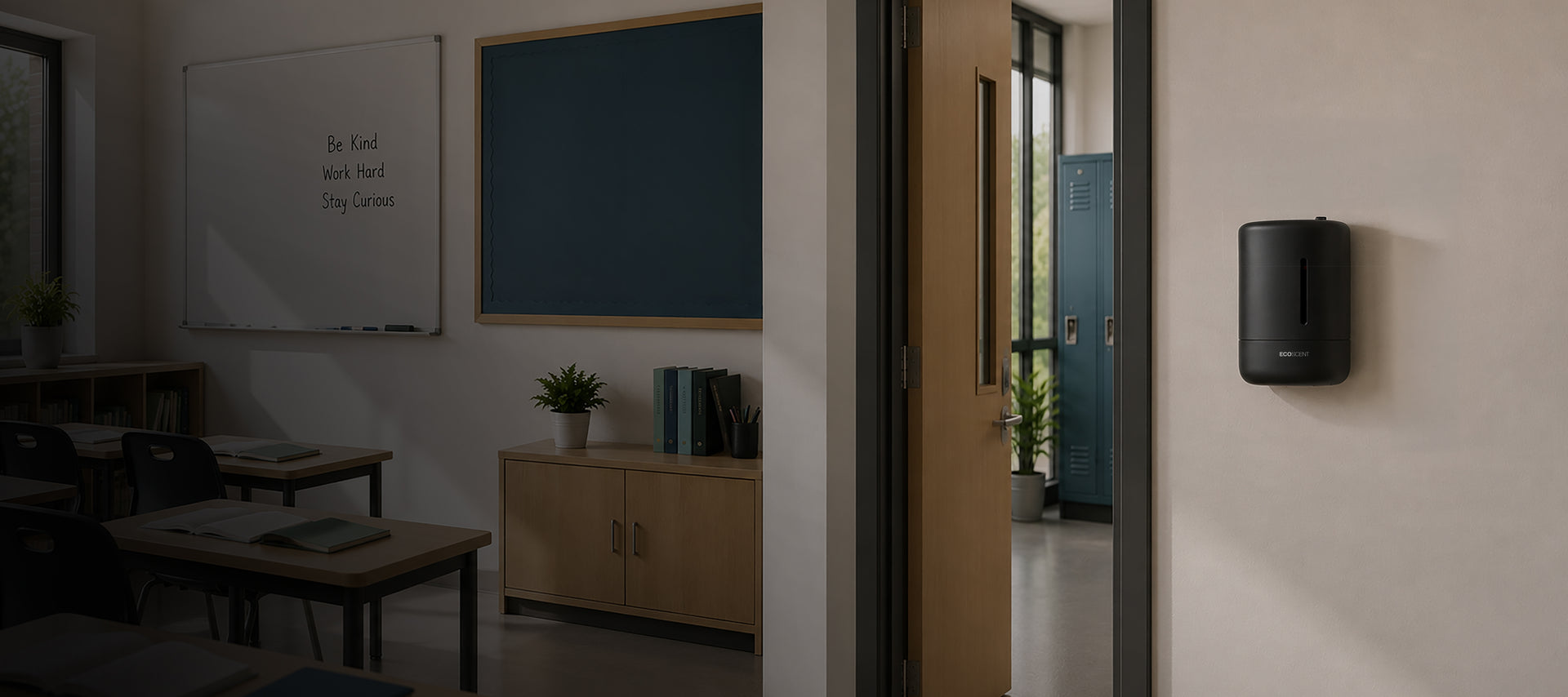 Classroom with whiteboard, chalkboard, desks, and scent machine on wall near doorway, promoting nice smells and cleanliness in educational spaces.