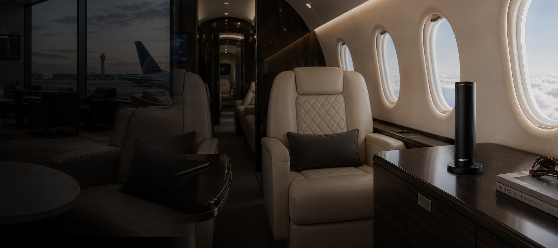 Luxury private jet interior with comfortable seating, scent machine, wooden table, and modern amenities, offering a high-end travel experience at cruising altitude.
