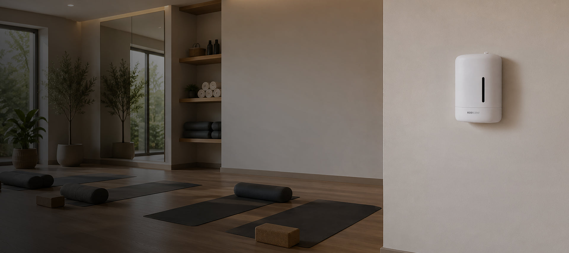 Yoga studio with mats, blocks, and scent machine on wall, featuring a serene space with plants and natural light.
