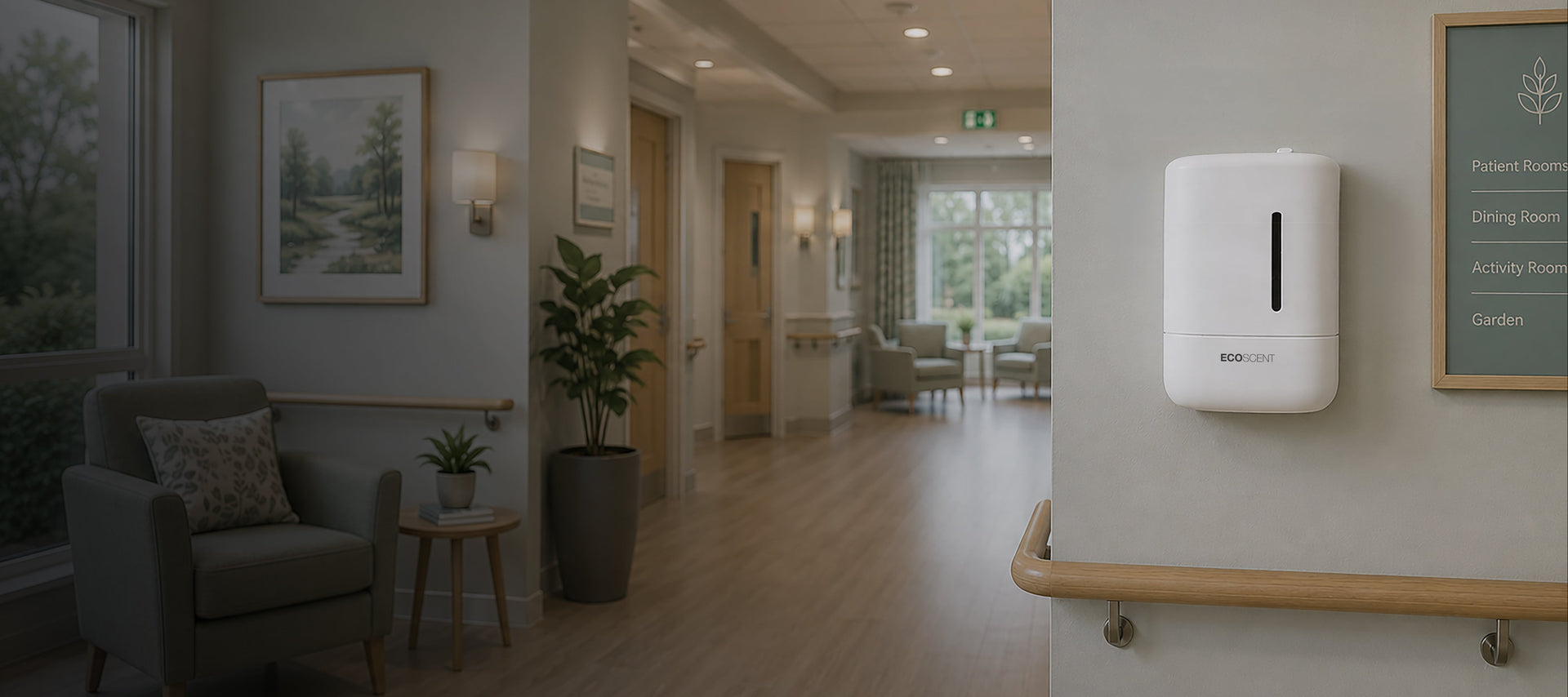 A white wall-mounted dispenser unit installed on a light gray wall in a hospital or care facility hallway, with a wooden handrail below and interior seating visible in the background.
