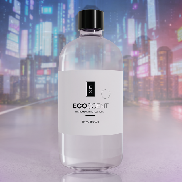 Clear bottle with black cap labeled 'ECOSENT' against a blurred cityscape background