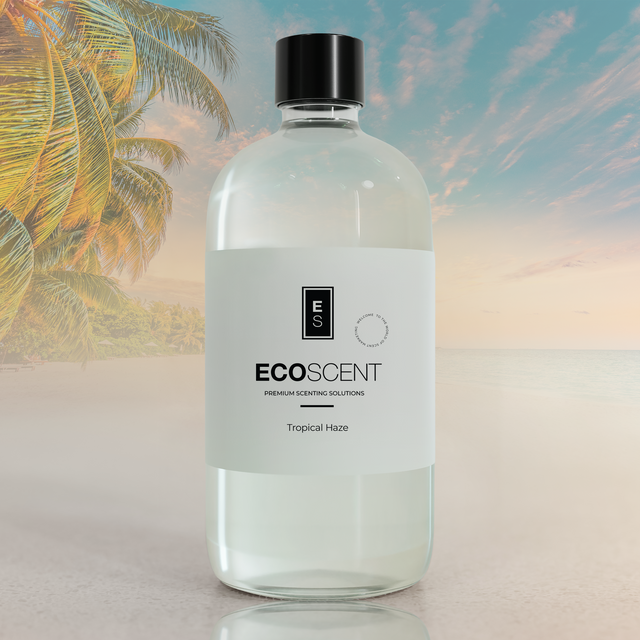 Bottle of Ecoscent product with a tropical background