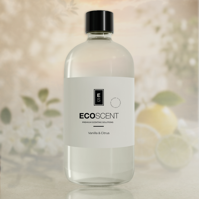 Bottle of Ecoscent Vanilla & Citrus fragrance solution with a blurred natural background