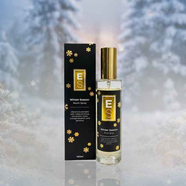 EcoScent Premium Scent Solutions Winter Season Long-Lasting Room Spray in 100ml size, presented in a sleek glass bottle with a gold cap, featuring a black box with floral designs and the brand logo.