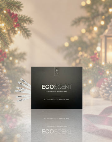 A dark charcoal gray ECOSCENT sample box stands upright on a reflective surface, with several white sample strips fanned out to the left. The background is a softly blurred holiday scene with pine branches, red berries, and warm string lights.
