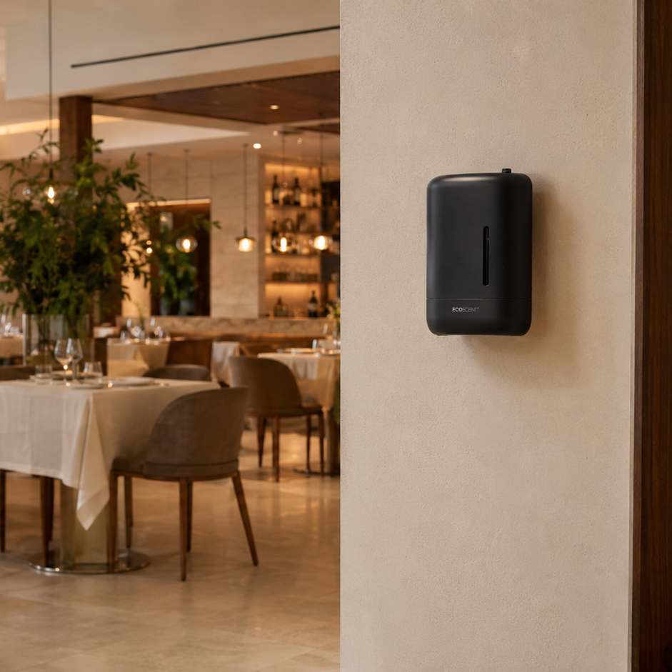 A black wall-mounted dispenser unit installed on a beige wall in a modern restaurant interior with tables, chairs, and warm ambient lighting.