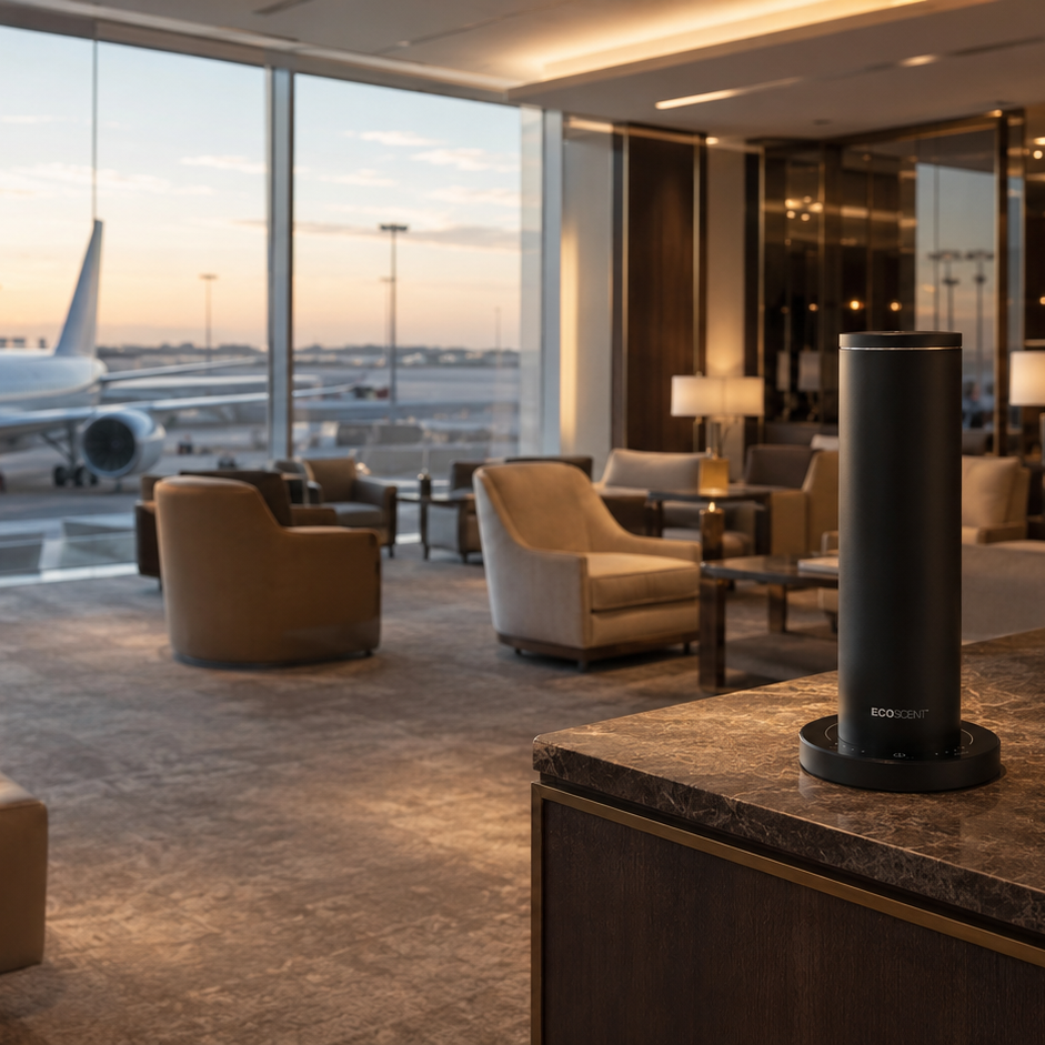 A black cylindrical EcoScent bluetooth barrel scent machine sits on a marble-topped counter in a modern airport lounge with large windows showing an airplane outside.