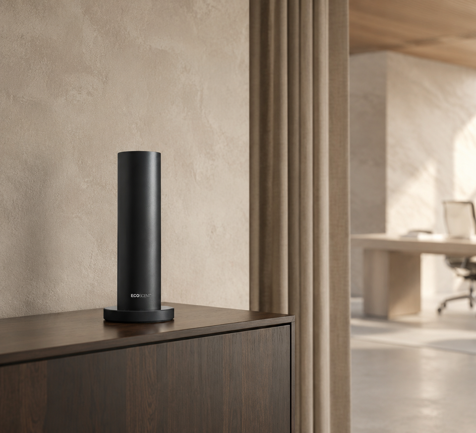 Black cylindrical scent machine on a wooden cabinet in a minimal office interior.