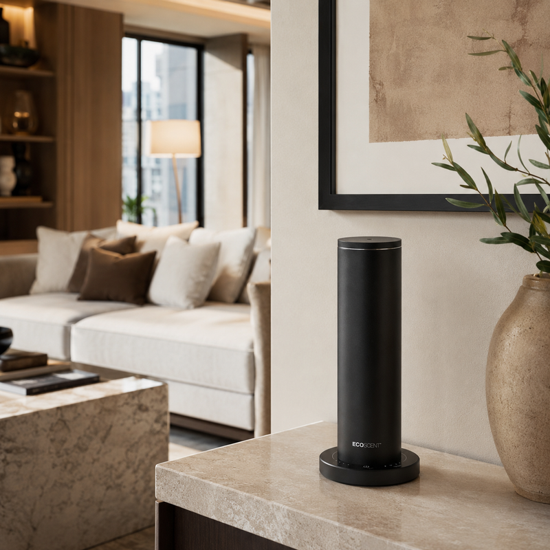 EcoScent Barrel scent machine displayed in a premium residential living space